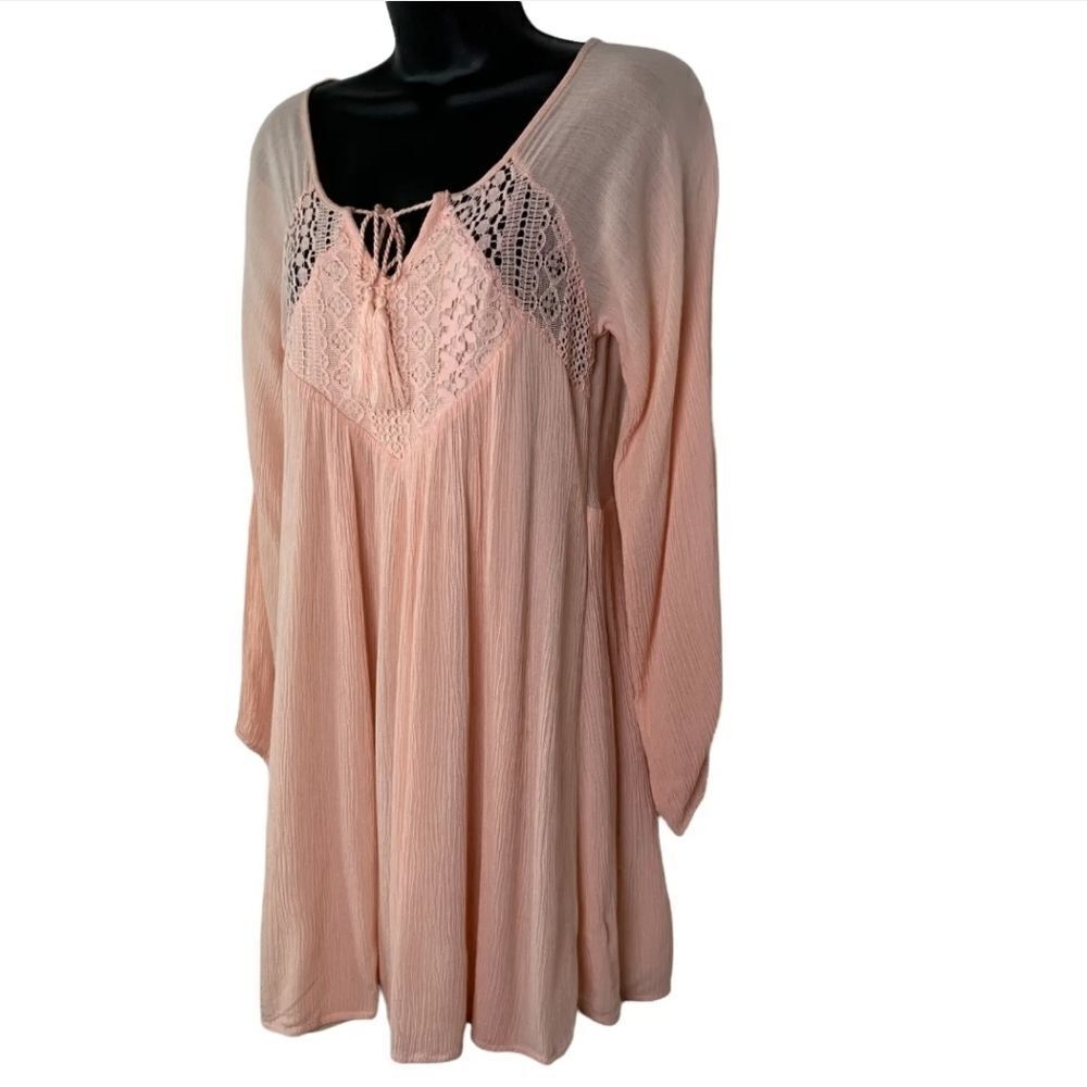 𝅺PURPLE Snow Boho Tunic Top Pale Pink Gauze Crochet Long Sleeves Size: L - Picture 6 of 9